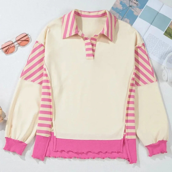 Apricot Casual Women's Lapel Knitwear Style Side Slit Striped Top - Picture 6 of 7